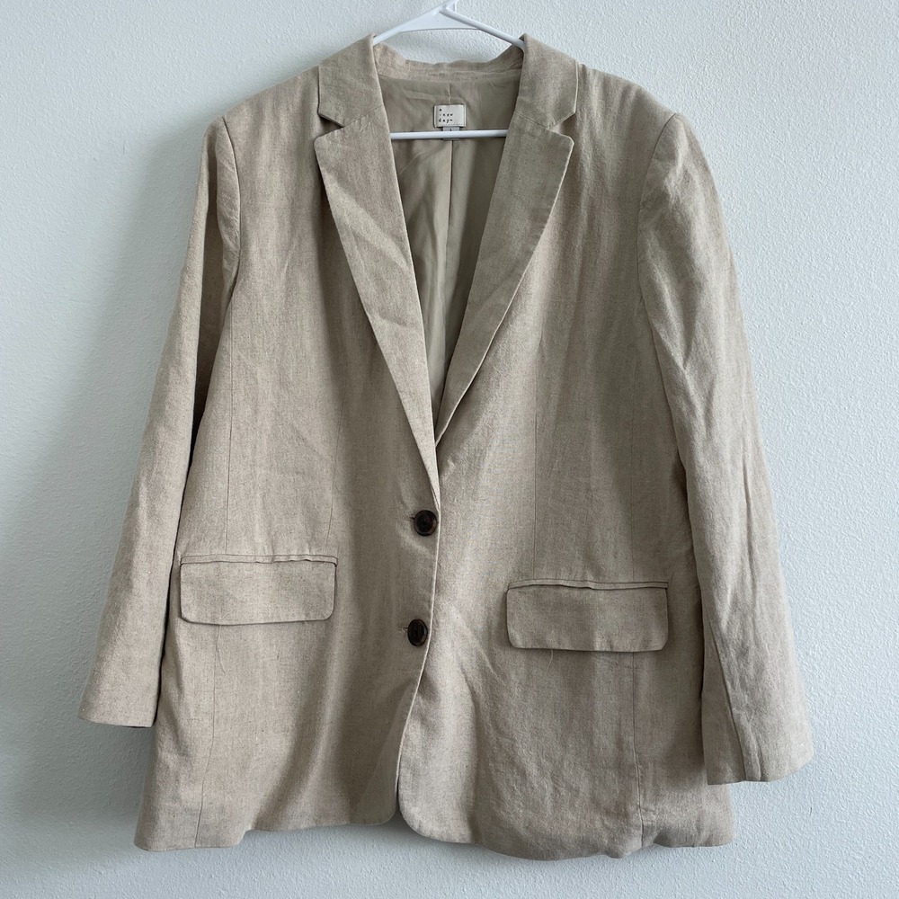 A New Day Blazer Women L Beige Linen Casual Office Classic Capsule Oversized